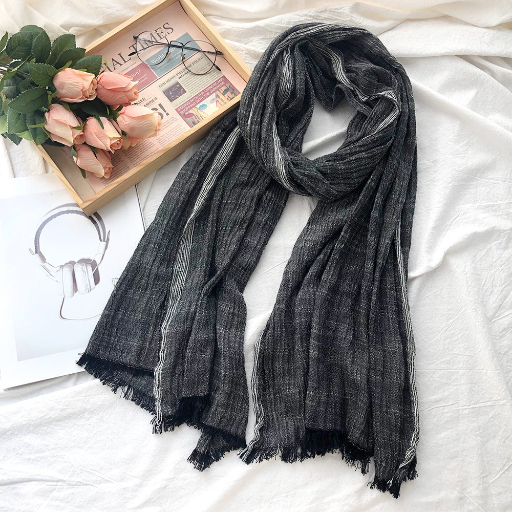 Japanese Korean Striped Solid Color Cotton And Linen Scarf