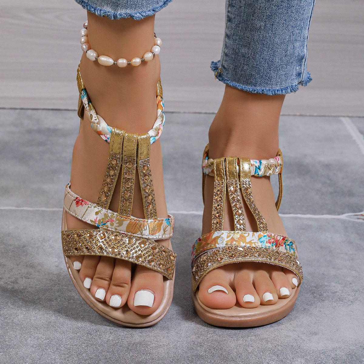 Bohemian Wedge Peep Toe Sandals Women's Fashion Outerwear Elastic Slip-on