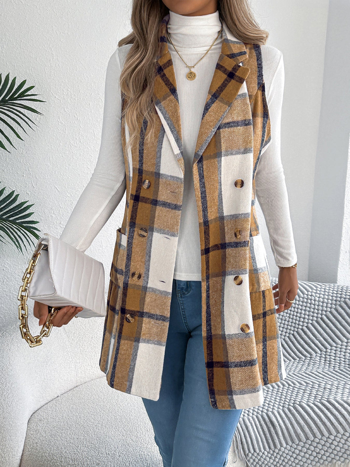 Women's Plaid Double-Breasted Pocket Tweed Long Vest