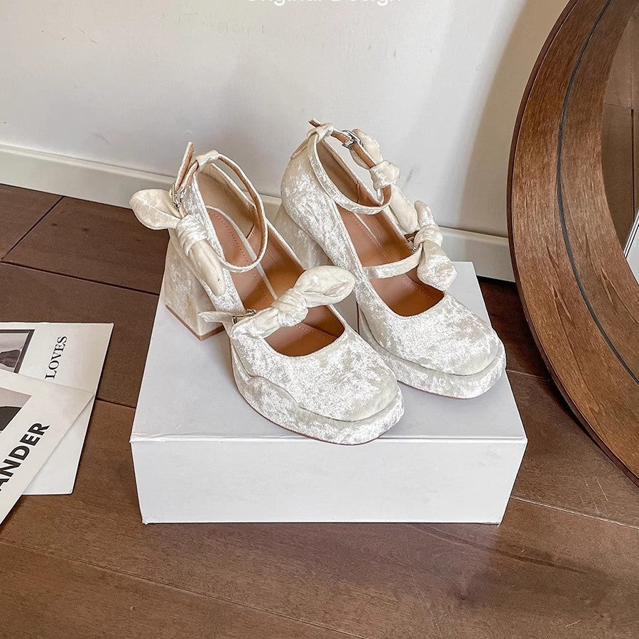 Gentle Chunky Heel Waterproof Platform High Heels Bow Pumps