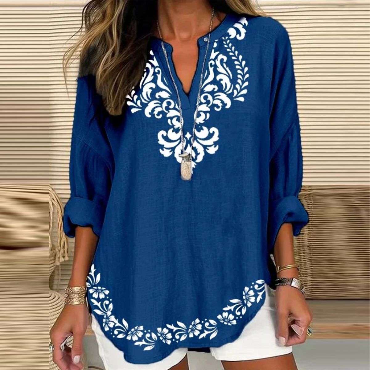 Independence Day Floral Long Sleeve V-Neck T-shirt