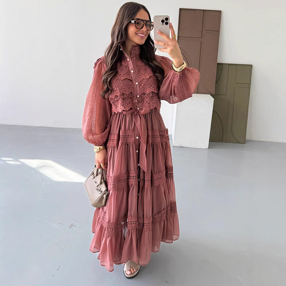 Long-sleeve Hollow-out Mesh Patchwork Dress With Lantern Sleeves