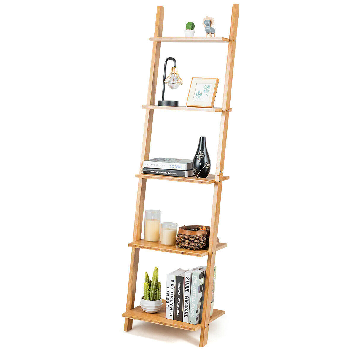 5-Tier Modern Bamboo Wall-Leaning Display Ladder Bookshelf