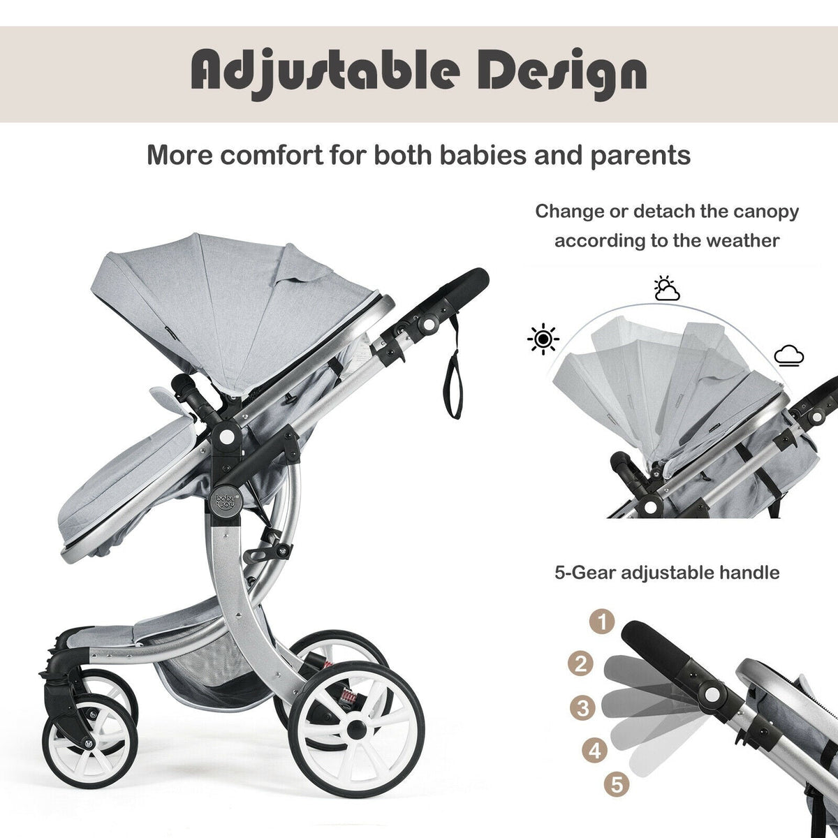 Folding Aluminum Infant Reversible Stroller with Diaper Bag-Gray GBruno Store