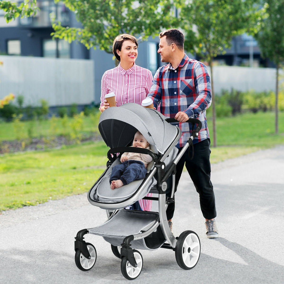 Folding Aluminum Infant Reversible Stroller with Diaper Bag-Gray GBruno Store