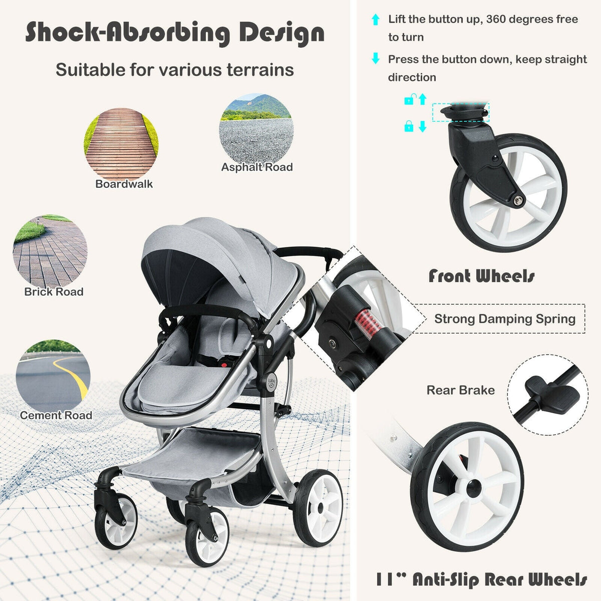 Folding Aluminum Infant Reversible Stroller with Diaper Bag-Gray GBruno Store