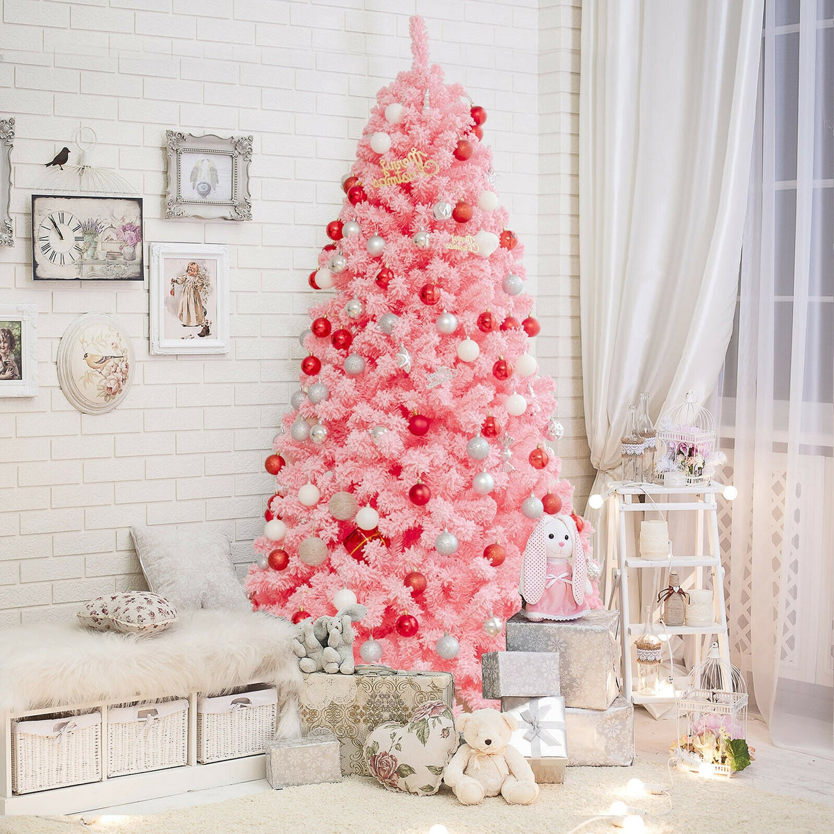 Pink Christmas Tree with Snow Flocked PVC Tips and Metal Stand