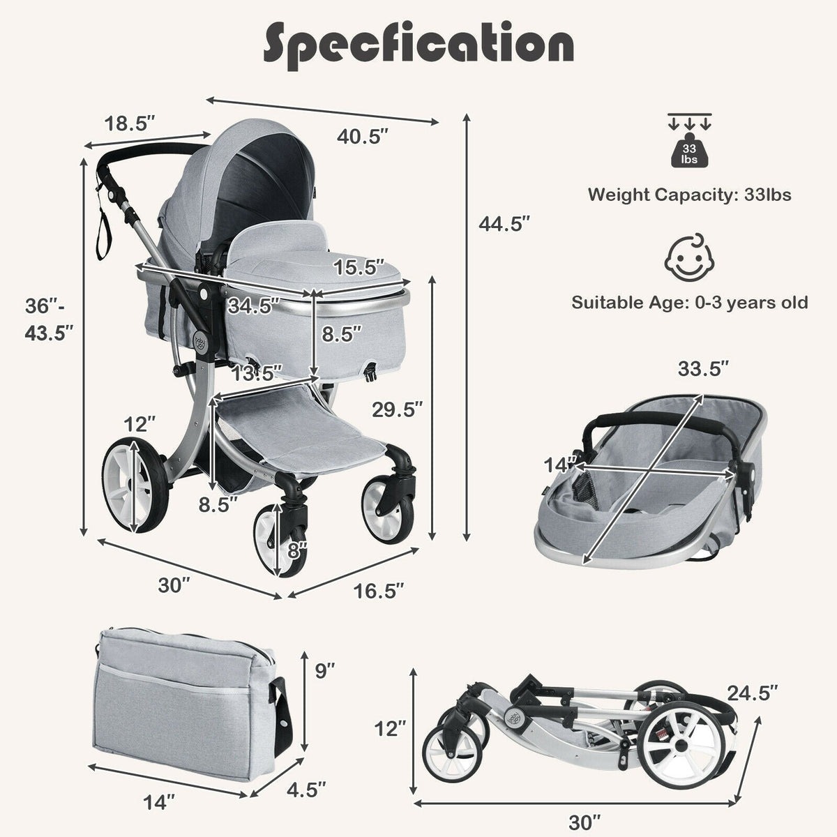 Folding Aluminum Infant Reversible Stroller with Diaper Bag-Gray GBruno Store