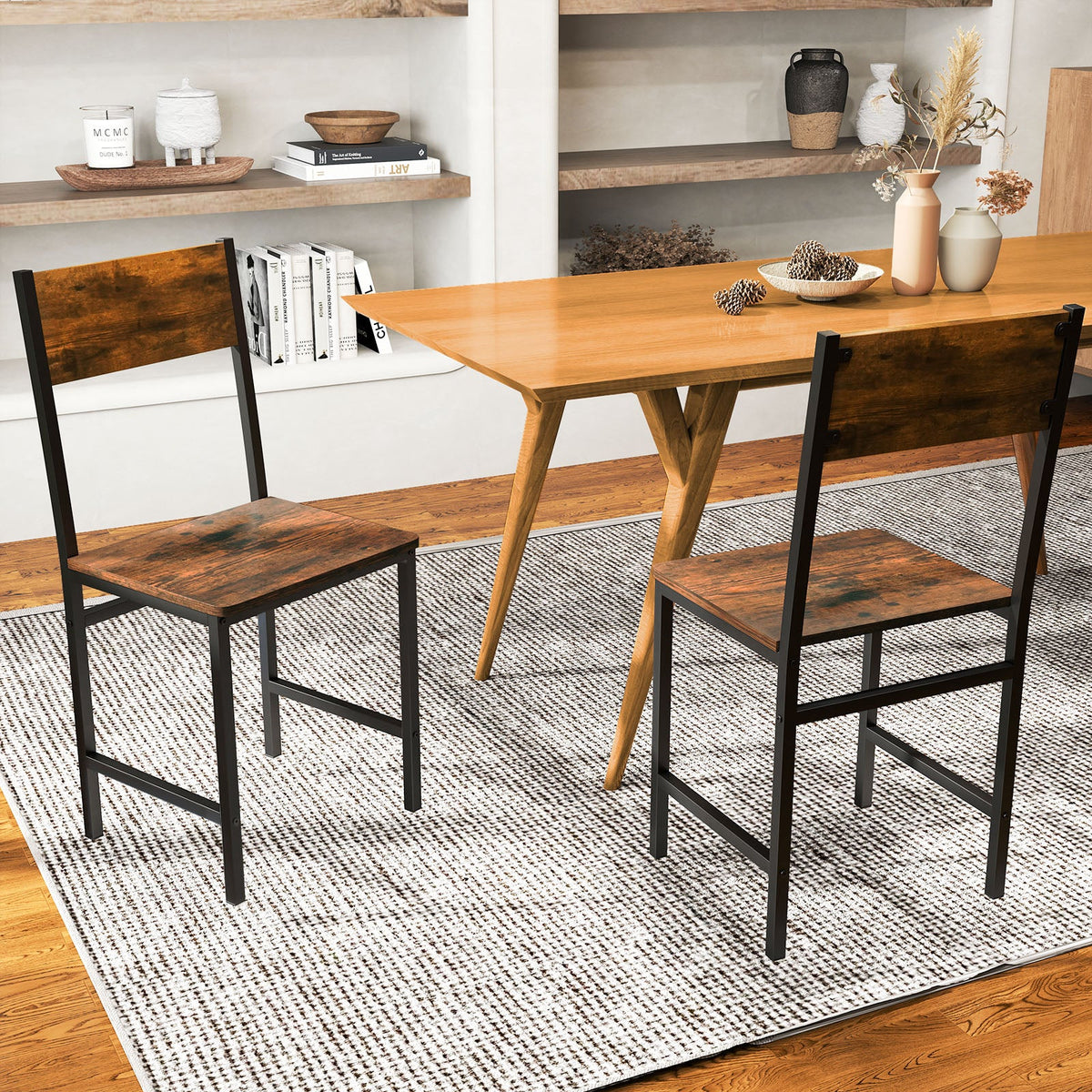 Industrial Kitchen Side Chairs Set of 2 with Metal Legs and Slanted Back-Rustic Brown