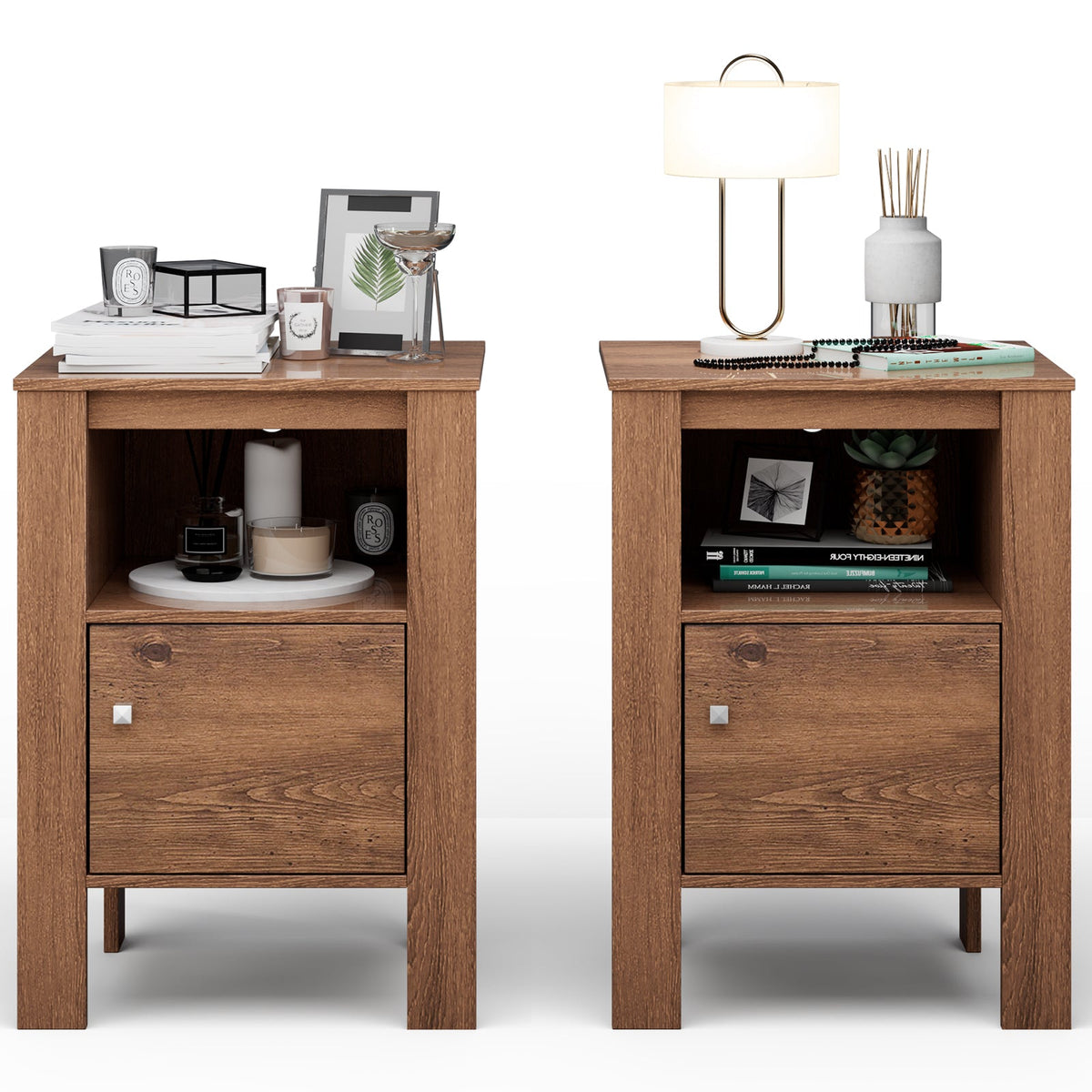 Compact Floor Farmhouse Nightstand with Open Shelf and Cabinet