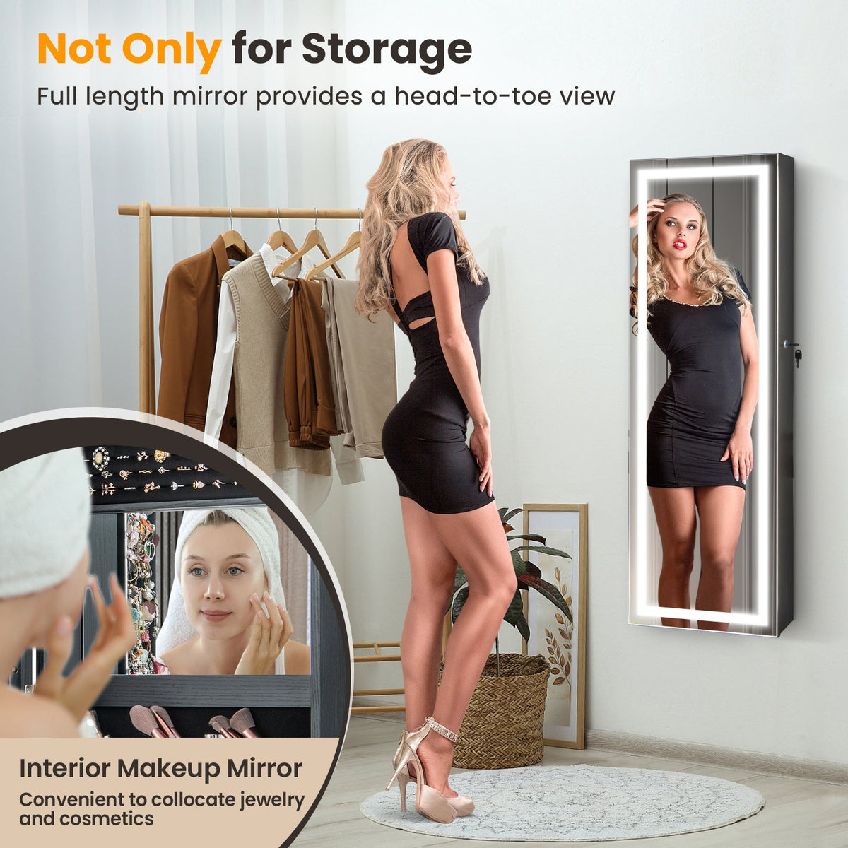 Mirrored Jewelry Armoire with Full Length Mirror and 2 Internal LED Lights