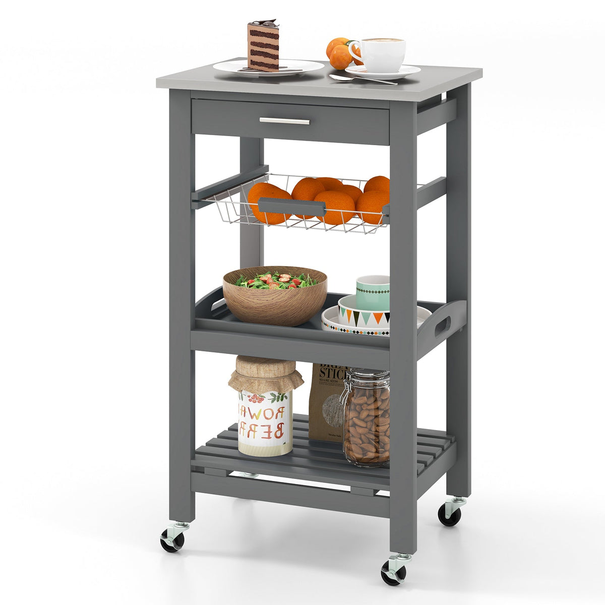 Kitchen Island Cart with Stainless Steel Tabletop and Basket