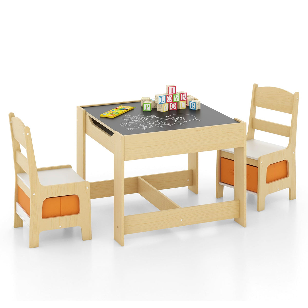 Kids Table Chairs Set With Storage Boxes Blackboard Whiteboard Drawing-Natural GBruno Store