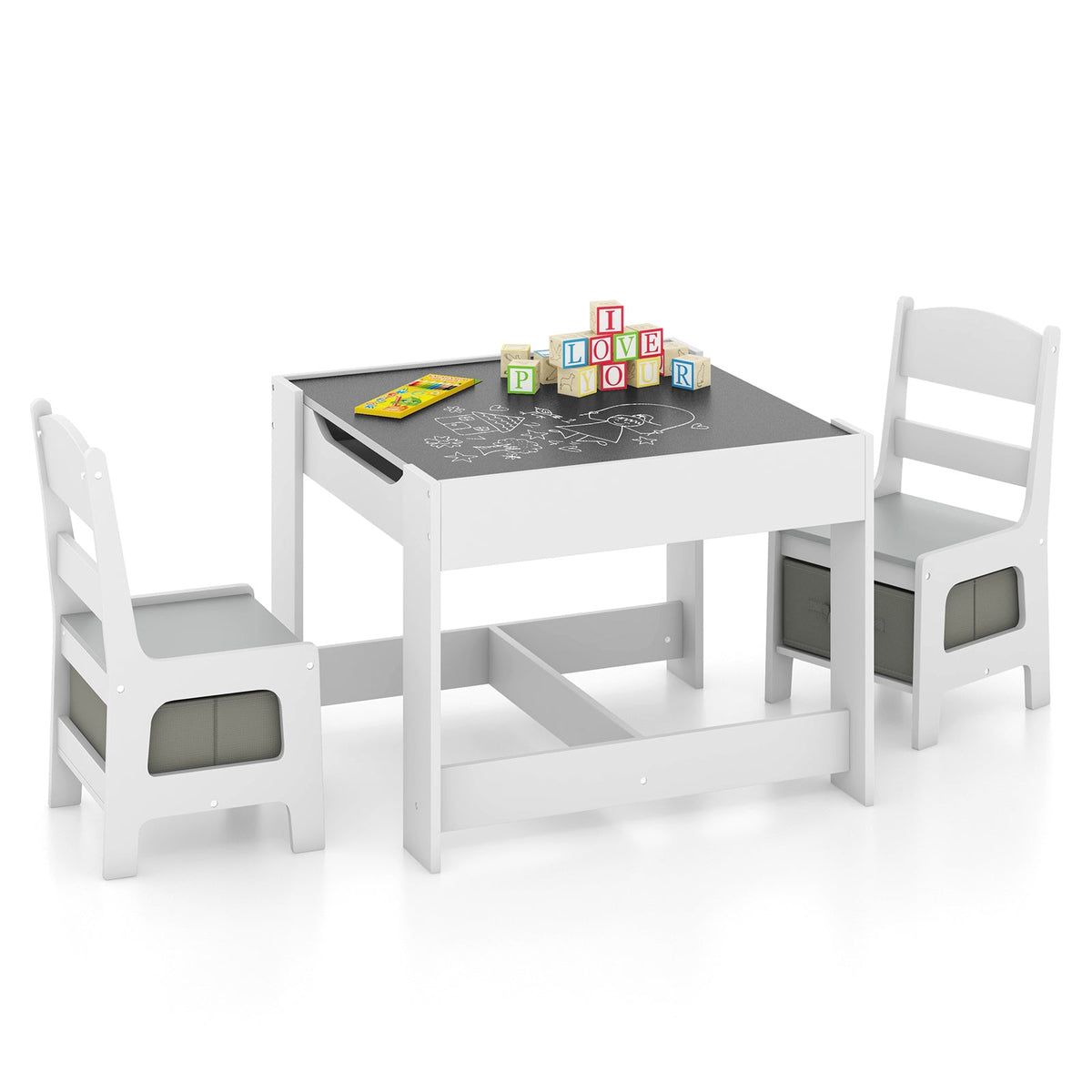 Kids Table Chairs Set With Storage Boxes Blackboard Whiteboard Drawing-White GBruno Store
