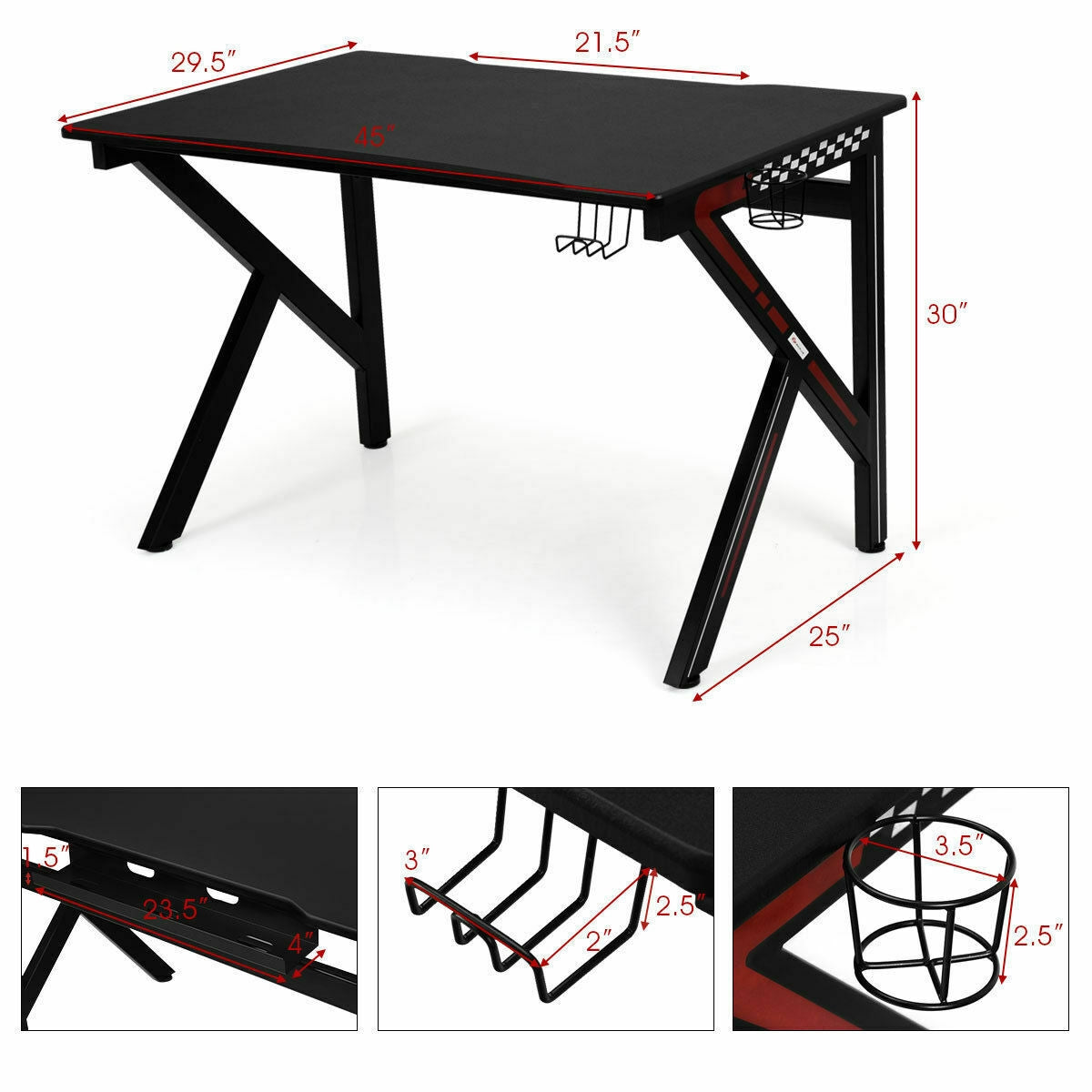 K-Shaped Gaming Desk with Cup Holder Headphone