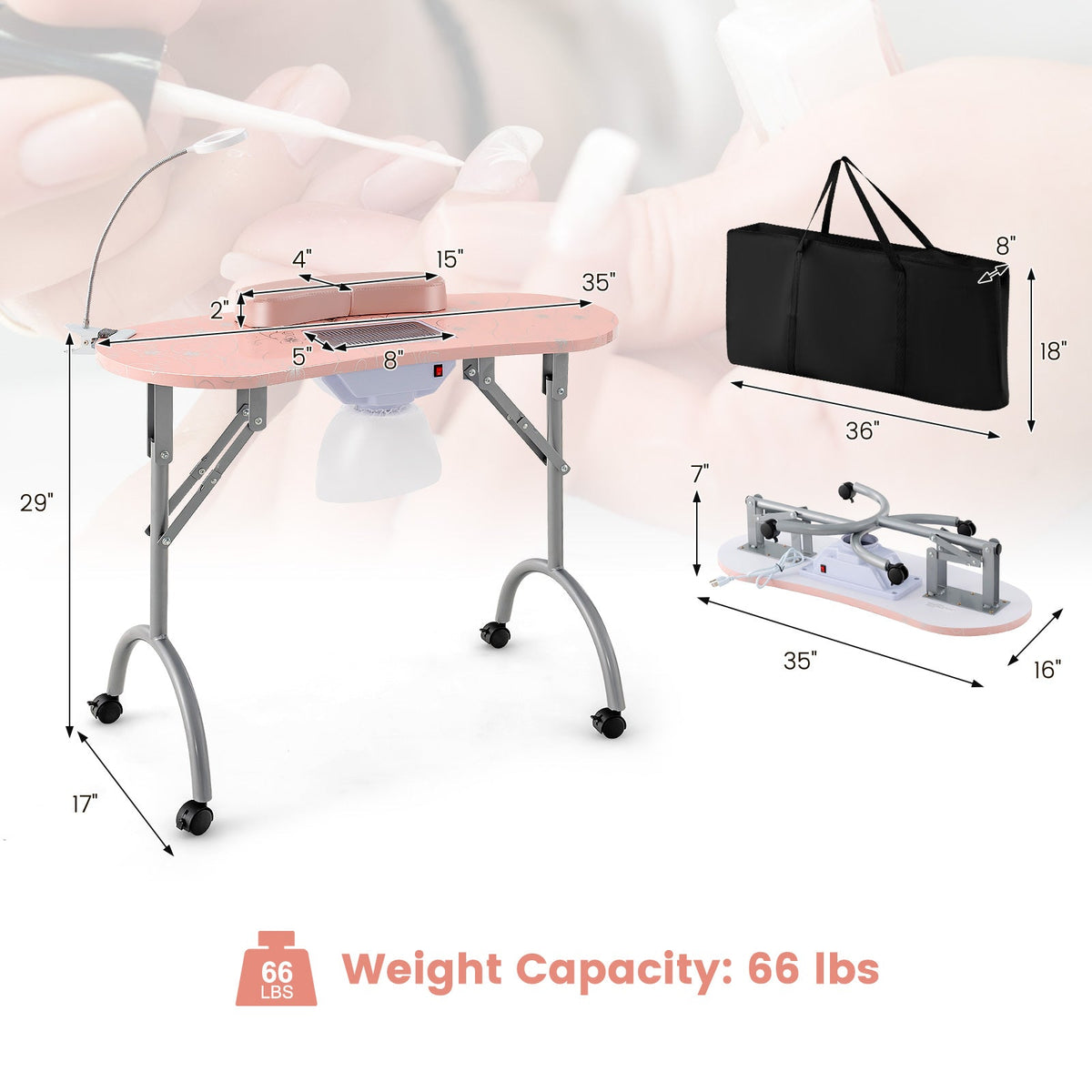 Manicure Nail Table with Bendable USB-plug LED Table Lamp-Pink