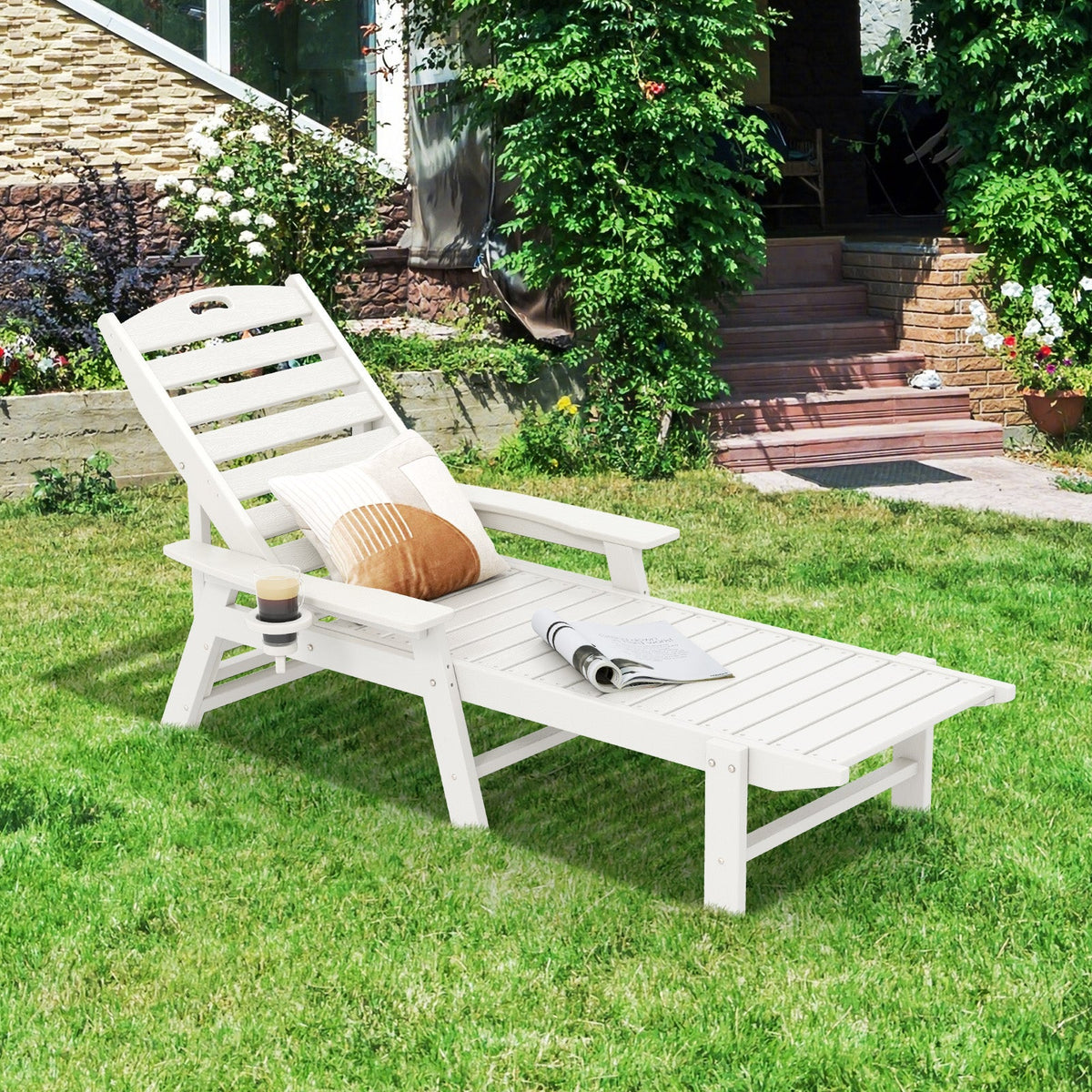 Patio Chaise Lounge Chair with 4 Position Backrest-White