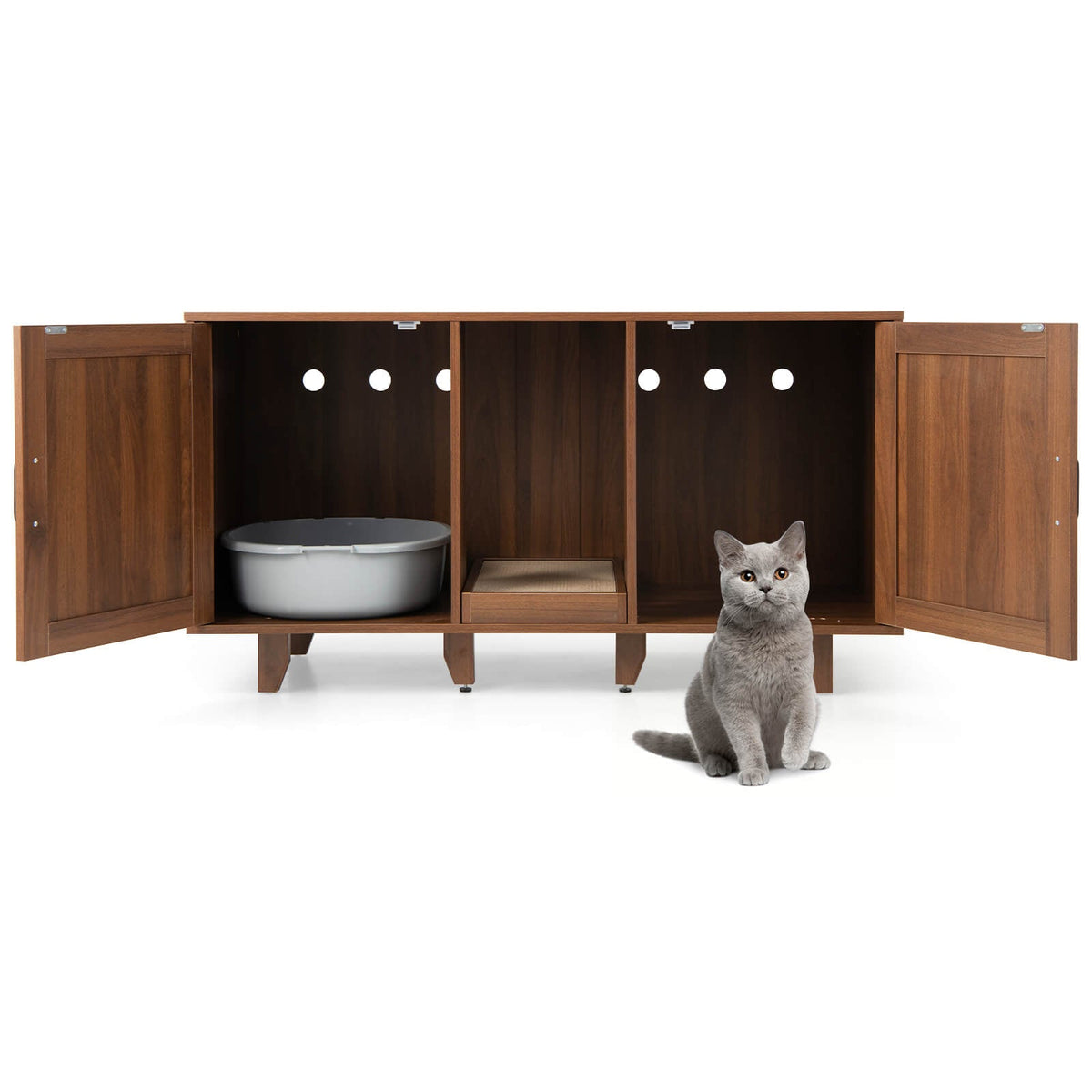 2-Door Cat Litter Box Enclosure with Winding Entry and Scratching Board