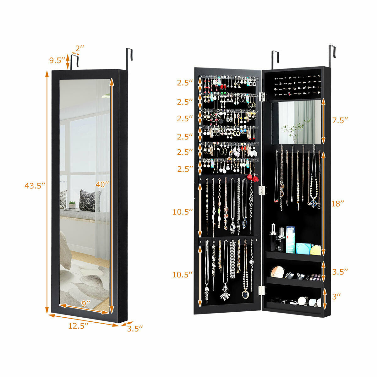 Full Length Mirror Jewelry Cabinet with Ring Slots and Necklace Hooks
