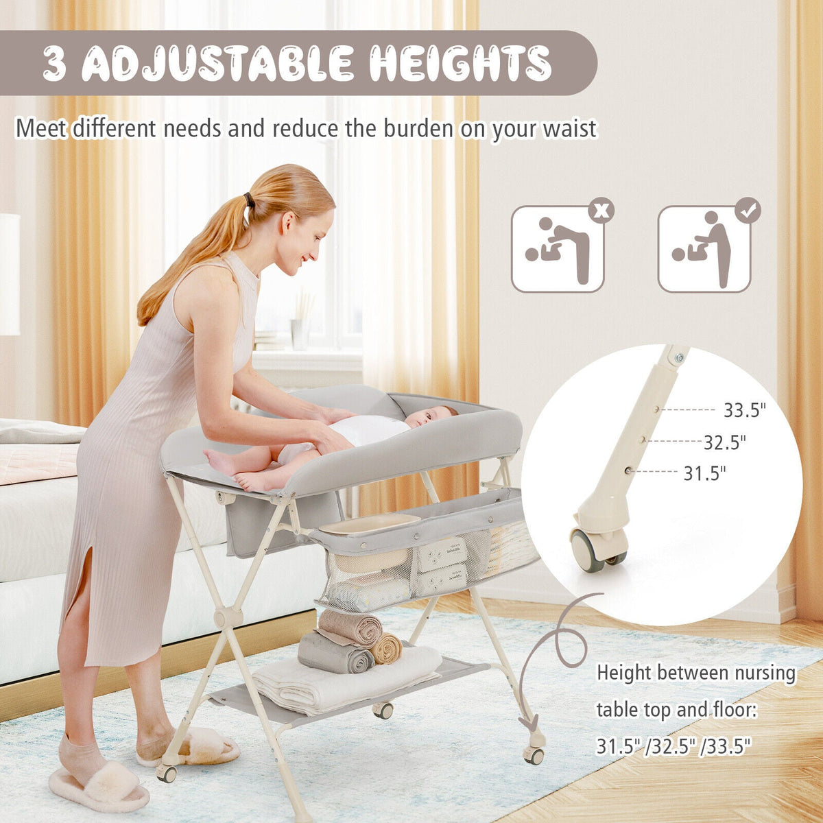 Baby Diaper Changing Table with Water Basin Wheel-Gray GBruno Store