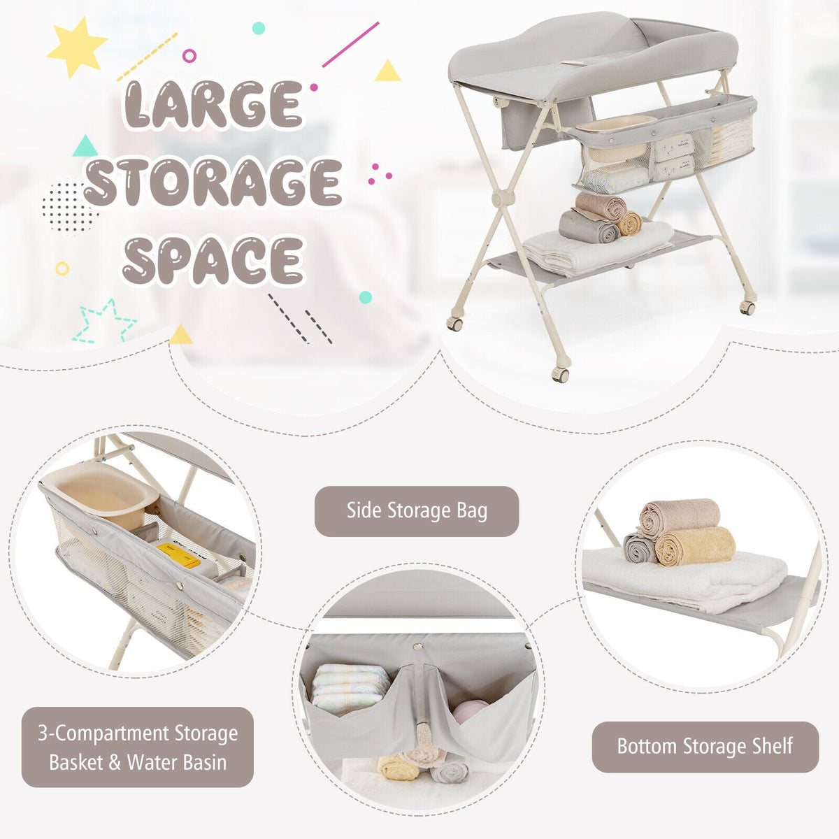 Baby Diaper Changing Table with Water Basin Wheel-Gray GBruno Store