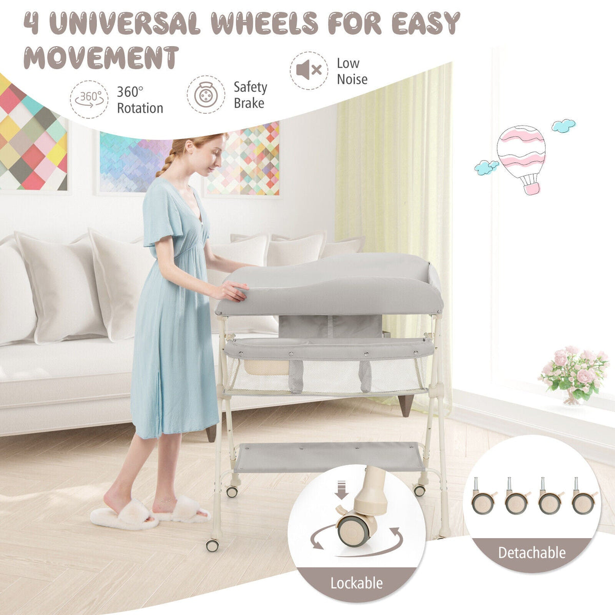 Baby Diaper Changing Table with Water Basin Wheel-Gray GBruno Store
