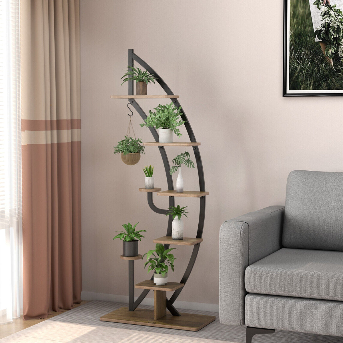 6-Tier 9 Potted Metal Plant Stand Holder Display Shelf with Hook-White DirectDeals