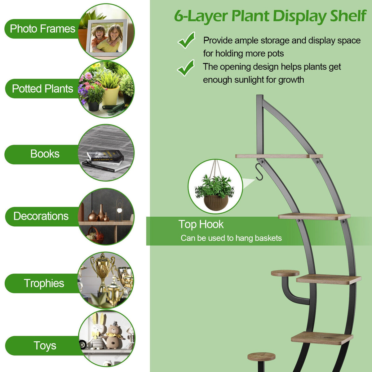 6-Tier 9 Potted Metal Plant Stand Holder Display Shelf with Hook-White DirectDeals