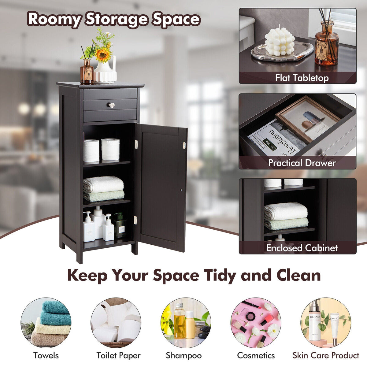 Wooden Bathroom Floor Storage Cabinet with Drawer and Shelf