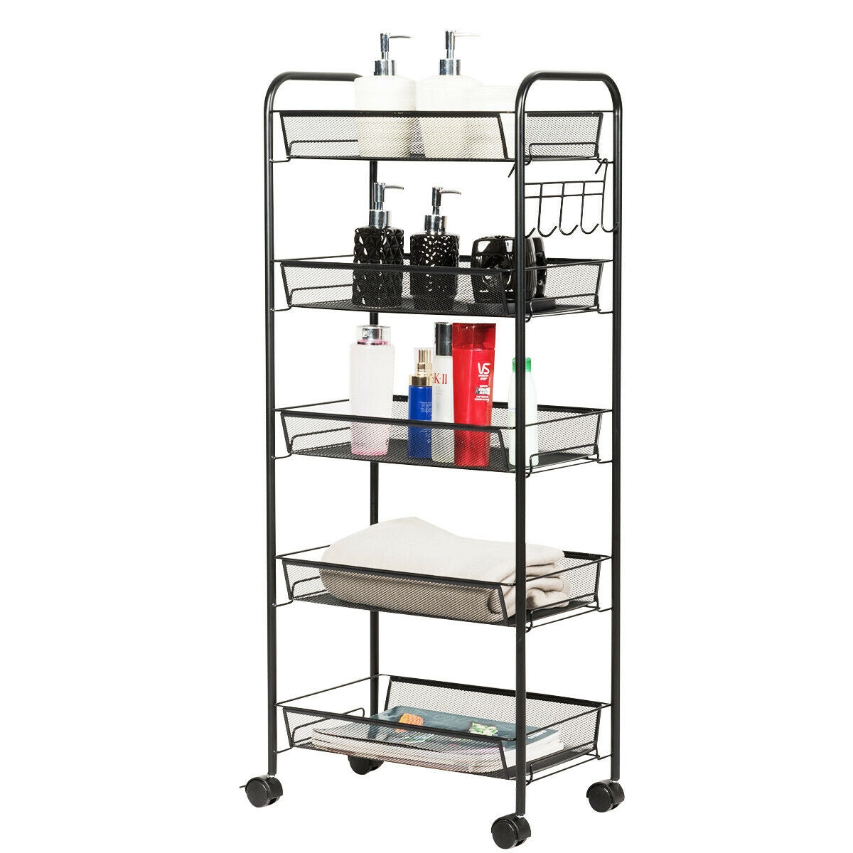 5 Tier Mesh Rolling File Utility Cart Storage Basket-Black