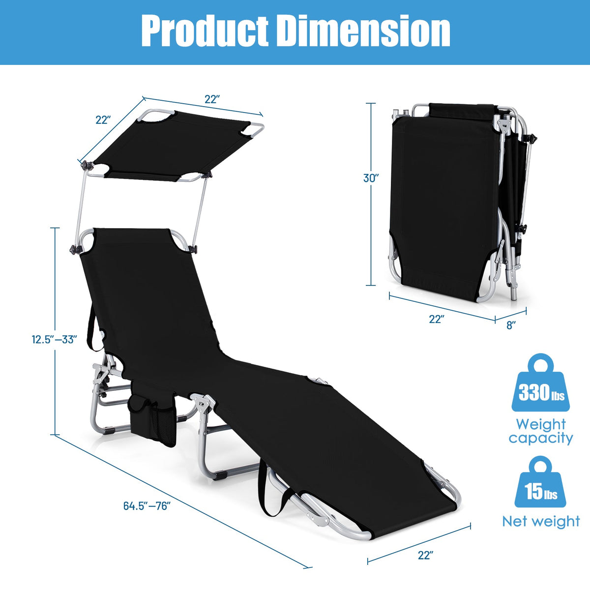 Set of 2 Portable Reclining Chair with 5 Adjustable Positions