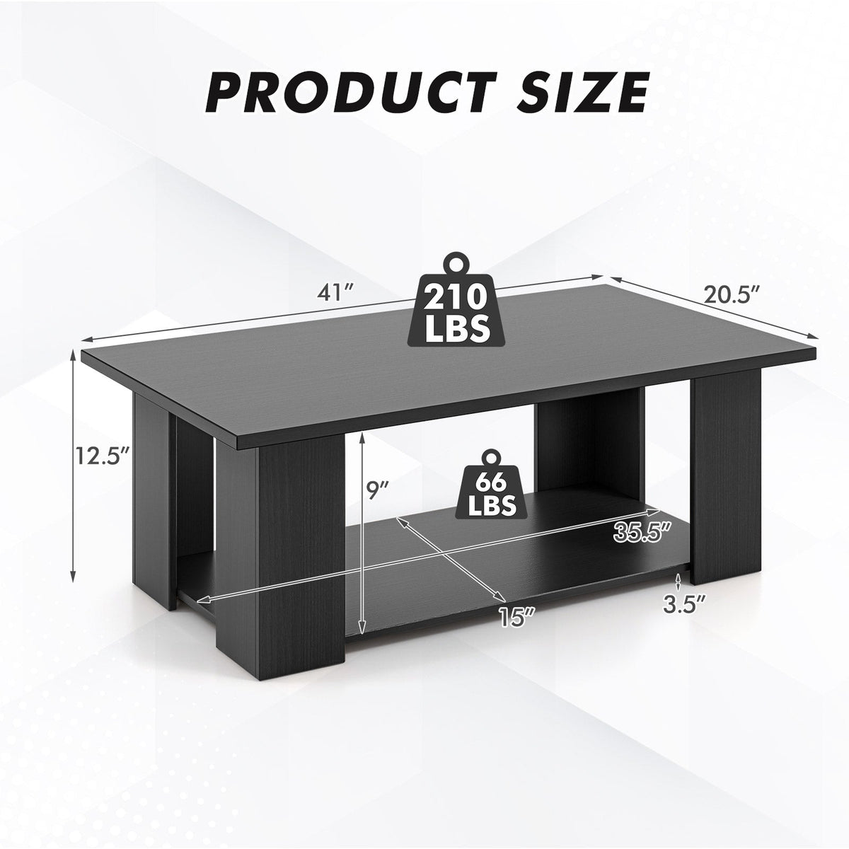 Large 36/41 Inch 2-tier Wooden Modern Coffee Table with Storage Shelf-Black
