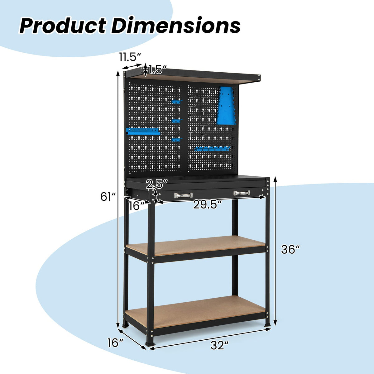 Tool Storage Workbench with Pegboard with 14 Hanging Accessories for Garage