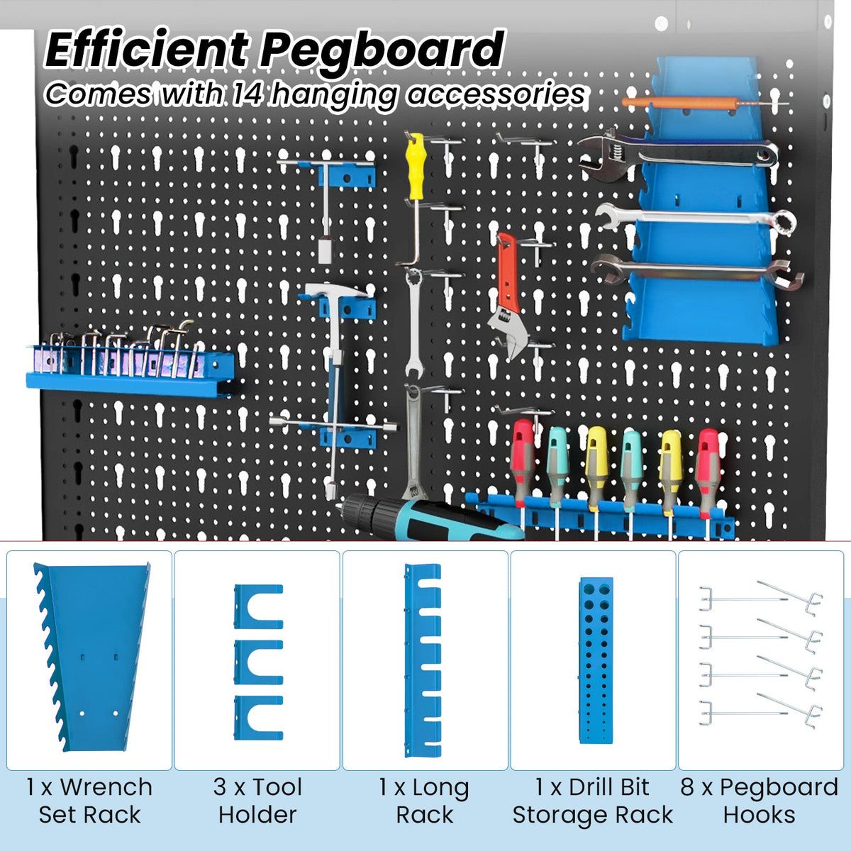 Tool Storage Workbench with Pegboard with 14 Hanging Accessories for Garage