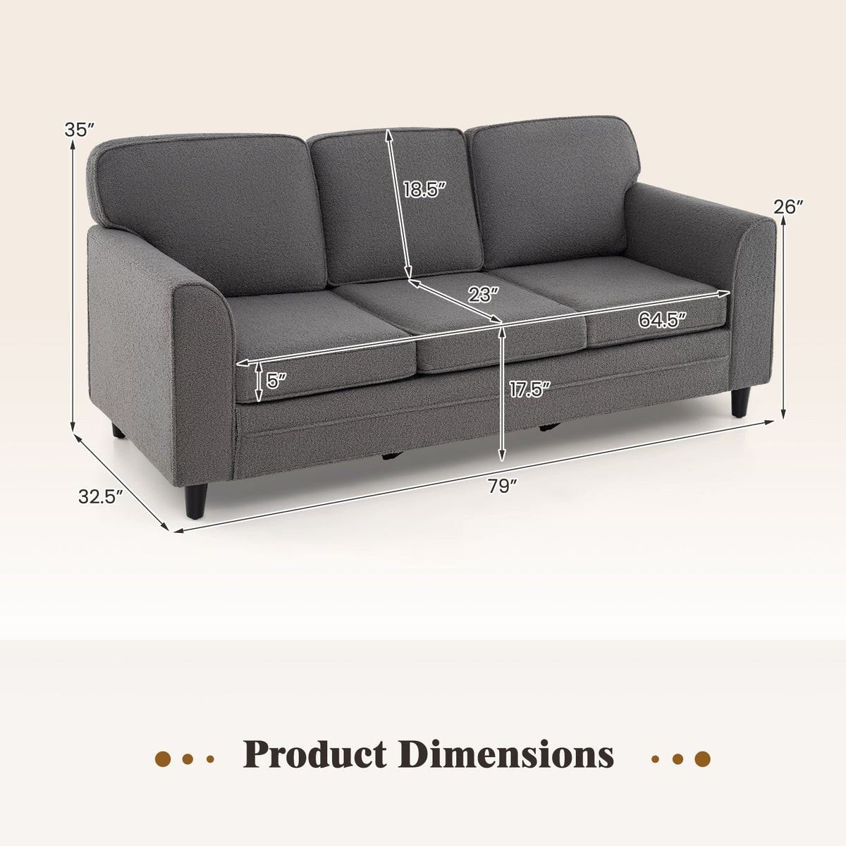 Upholstered Teddy Velvet 3-Seat Sofa with Comfy Back Pillows