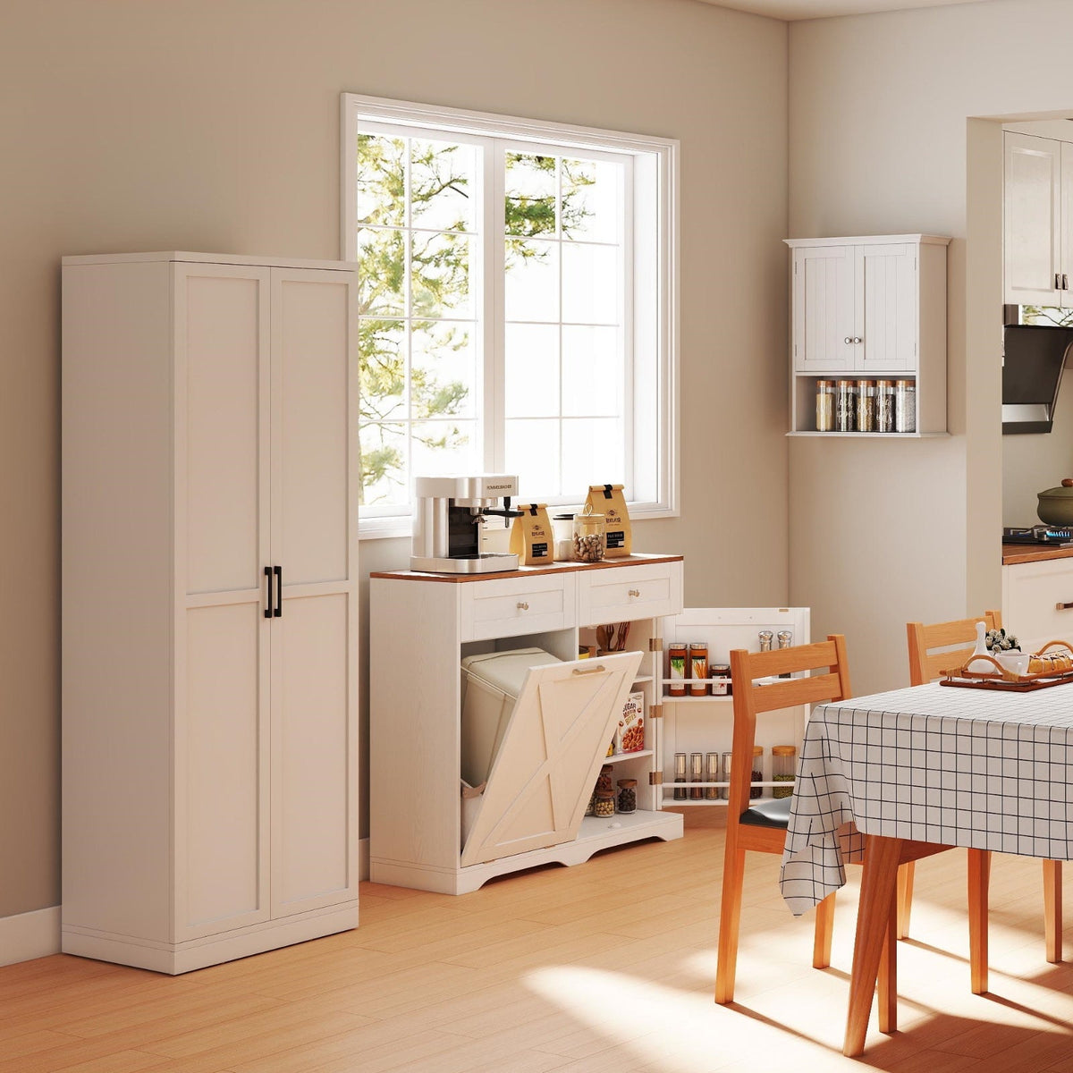 Dining Room Set: Tall Storage Cabinet and Trash Can Cabinet and Wall Mount Storage Organizer