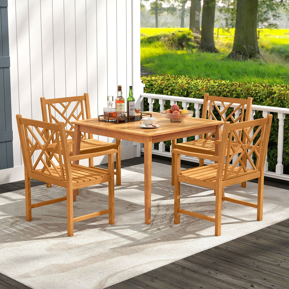 5-Pieces Patio Dining Table Set Wood Square Dining Table with 4 Chairs and Slatted Tabletop