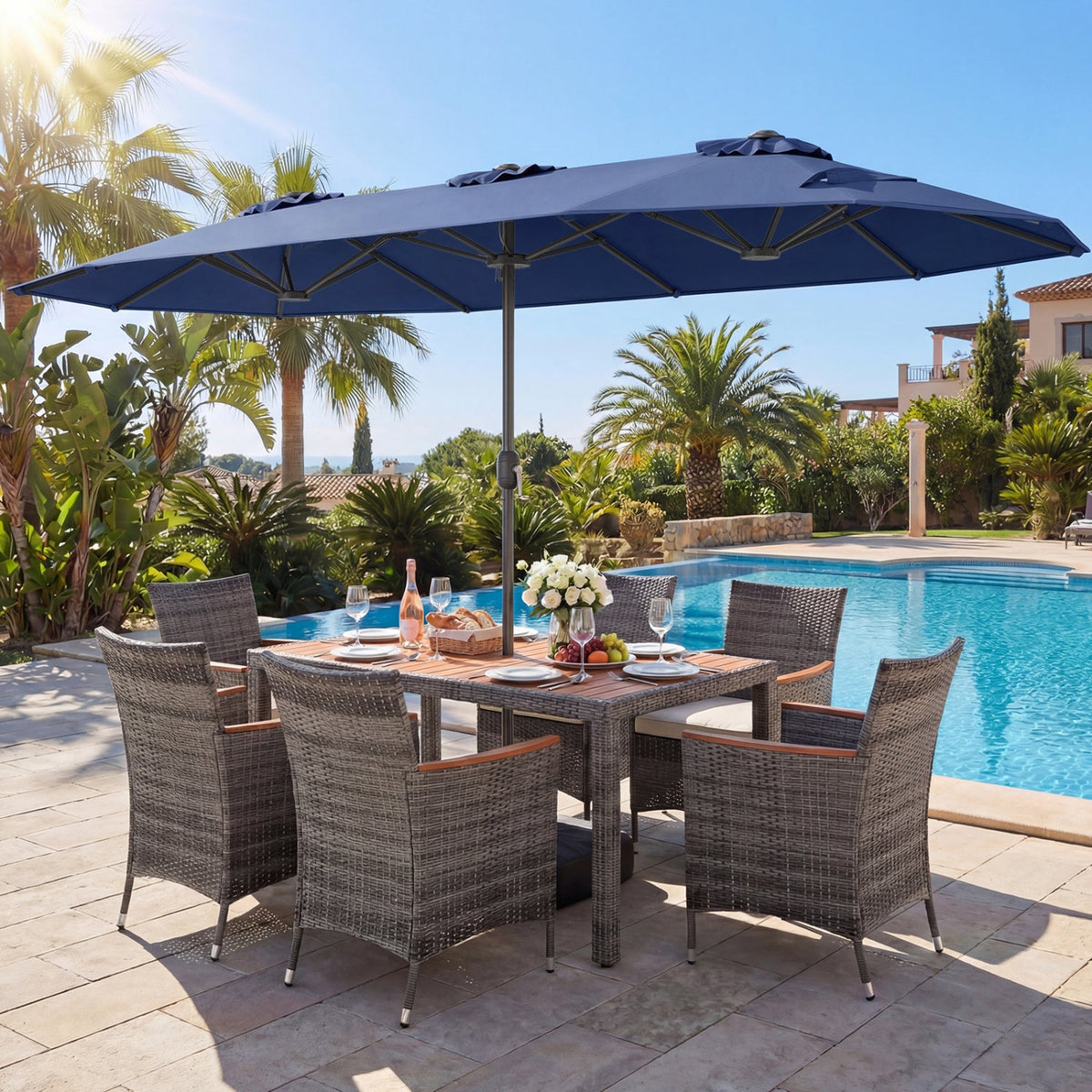 8-Piece Patio Dining Set with Double-Sided Market Umbrella