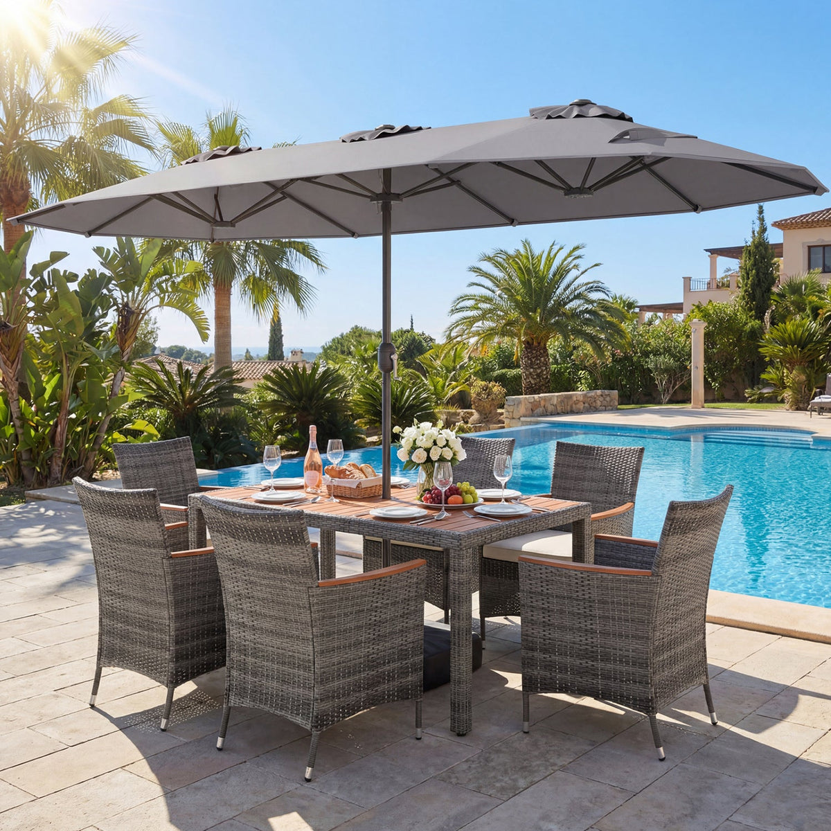 8-Piece Patio Dining Set with Double-Sided Market Umbrella