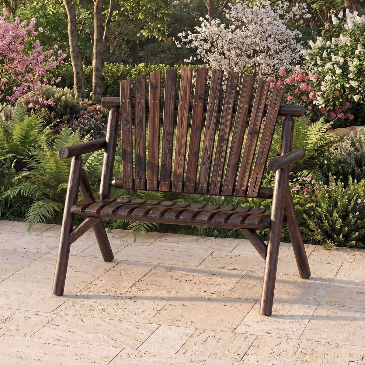 2-Person Log Wood Patio Bench with Slatted Backrest DirectDeals