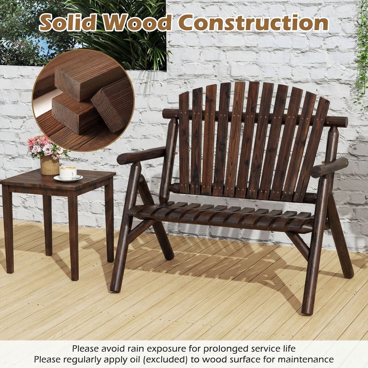2-Person Log Wood Patio Bench with Slatted Backrest DirectDeals