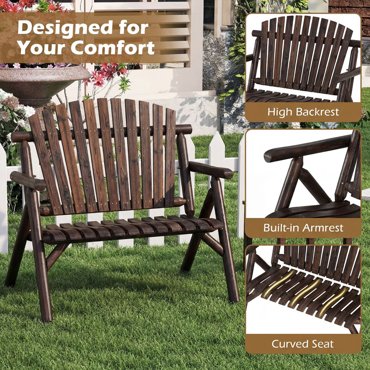 2-Person Log Wood Patio Bench with Slatted Backrest DirectDeals