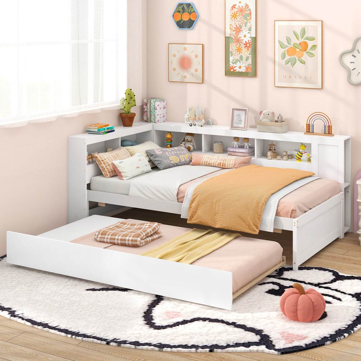 Twin Size Daybed Platform Bed Frame with Trundle and Bedside Shelves-White