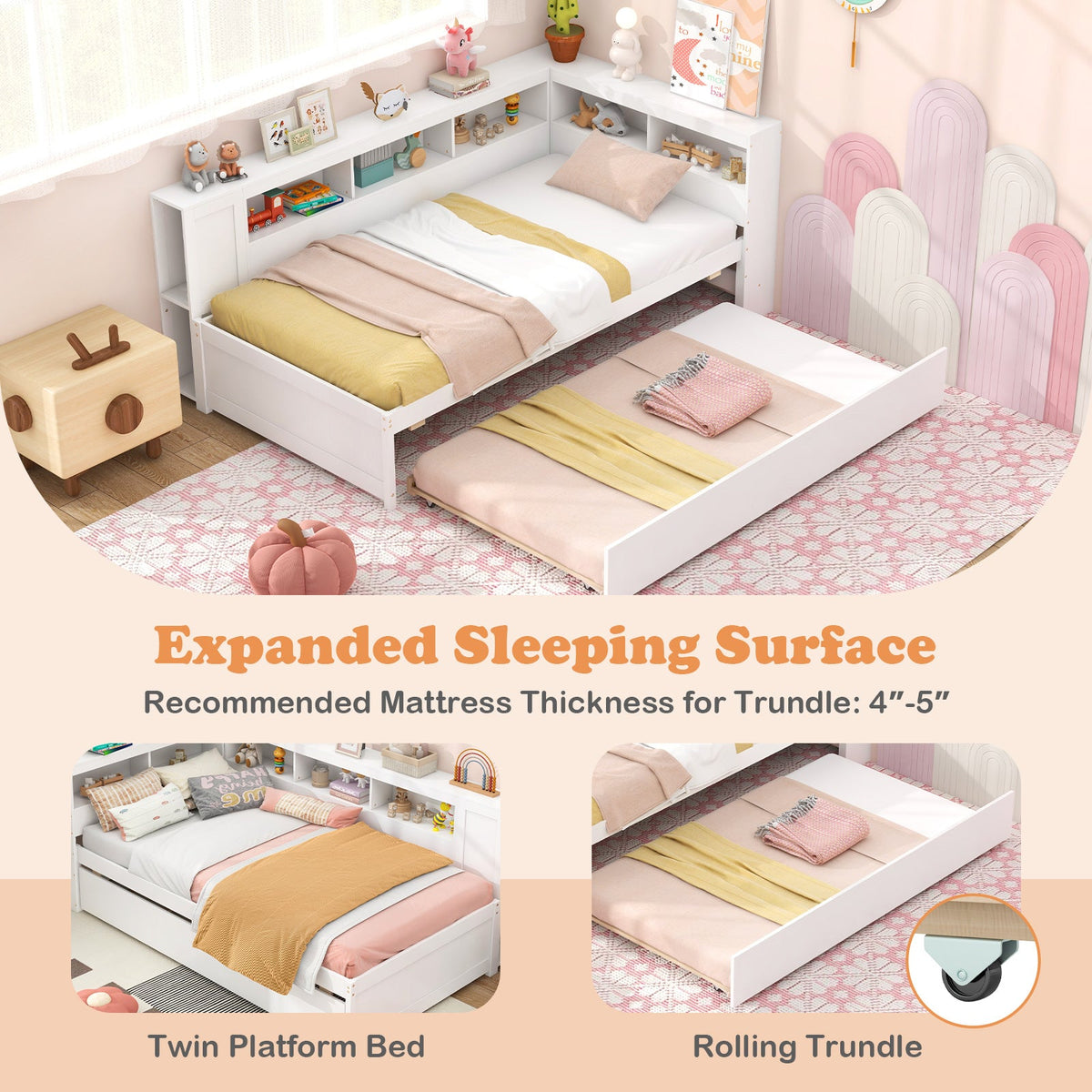 Twin Size Daybed Platform Bed Frame with Trundle and Bedside Shelves-White